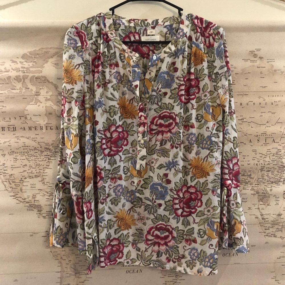 LOFT Floral Drawstring Bell Sleeve Blouse